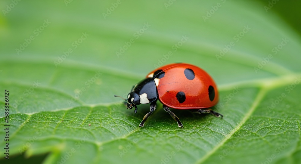 Closeup Red Ladybug Crawling on Green Leaf with Natural Lighting Macro Photography Closeup Red Ladybug Crawling on Green Leaf with Natural Lighting Macro Photography