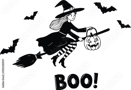 Halloween silhouette of witch flying on broomstick, holding jack-o'-lantern, with bats and bold boo lettering