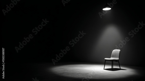 A lone chair under a spotlight creates a sense of mystery and suspense in a dark room.