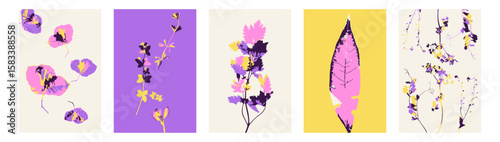 Set of 5 abstract minimalist floral cards with herbs. Collection of vertical backgrounds with modern whimsical botanical designs. Posters bundle with cottage core plants.