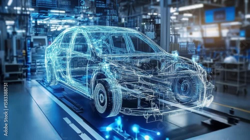A sedan vehicle blueprint is depicted with illuminated lines on a platform inside an automotive factory. The technology suggests manufacturing and assembly of automobiles. The image signifies innovati