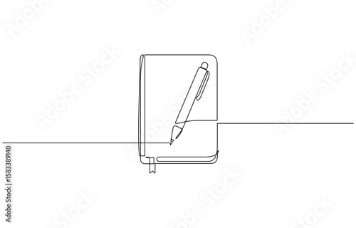 Continuous single line drawing of closed journal or diary and pen, line art vector. Writing studying or planning depicting simplicity and focus in education and productivity on a white