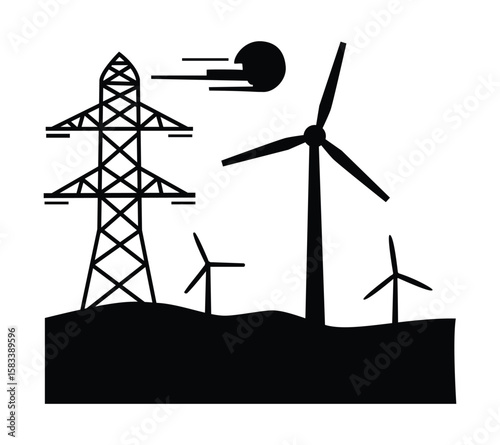 A stark black and white illustration of power generation, featuring wind turbines and an electricity pylon under a stylized sun