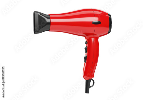 Isolated Bright Red Hair Dryer with Black Nozzle