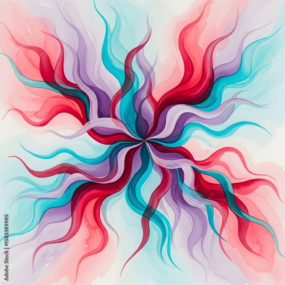 Fototapeta premium Abstract artistic rendering featuring swirling, colorful, fluid shapes radiating from a central point.