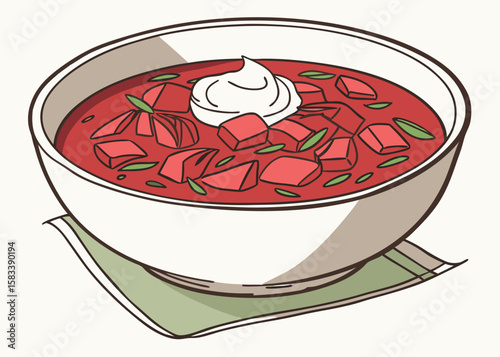 Traditional Russian Borscht in a Soup Bowl with Sour Cream—Vector Art
