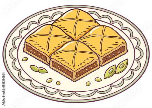 Turkish Baklava on a Decorated Plate—Vector Illustration
