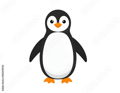 A cute and friendly cartoon penguin illustration with bright eyes and an orange beak stands tall.