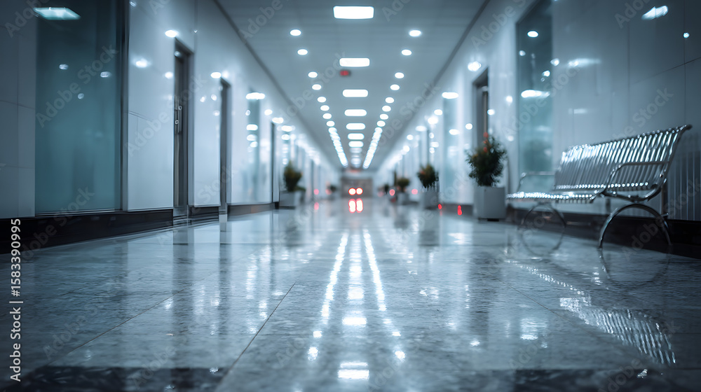 custom made wallpaper toronto digitalblurred of background. interior of a modern hospital with an empty long corridor, there are treatment rooms and waiting room for patients and families between the corridor with bright white lights.