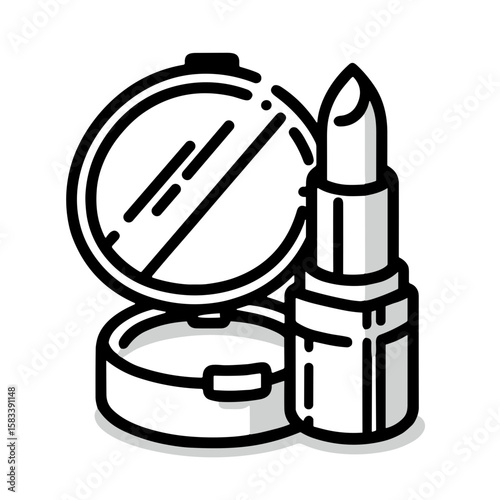 Lipstick and compact powder in outline vector style, black and white, beauty and makeup concept
