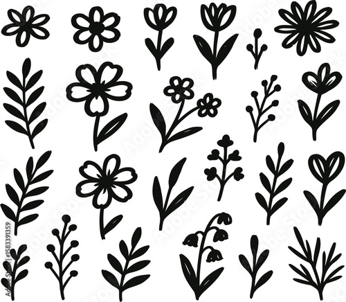 Seamless floral pattern with black and white flowers and leaves illustration for wallpaper or decoration design