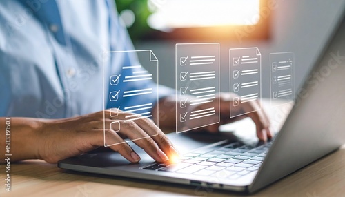 Woman completing online checklist on laptop for efficient task management and digital surveys