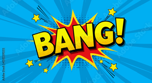 Vibrant Yellow "BANG!" Comic Book Explosion with Red Starburst and Yellow Stars