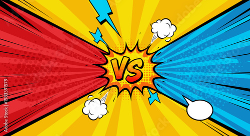 Vibrant Comic Book Style "VS" Battle Background with Red and Blue Teams, Explosions, and Speech Bubbles