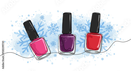 Three nail polish tubes in trendy colors on background with watercolor snowflakes on white, one line doodle drawing with watercolor fill, minimalistic vector illustration.