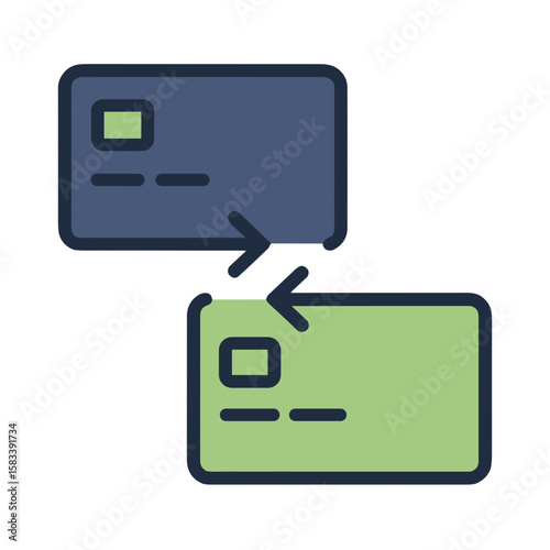 Money transfer between credit cards in flat vector style, green and navy colors, finance and payment concept