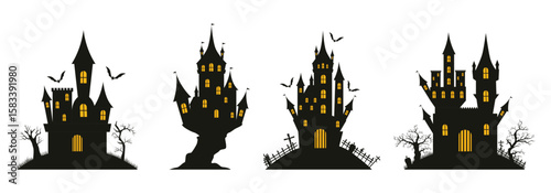 Collection of spooky haunted house silhouettes featuring graves, crosses, and creepy trees. Vector illustration.
