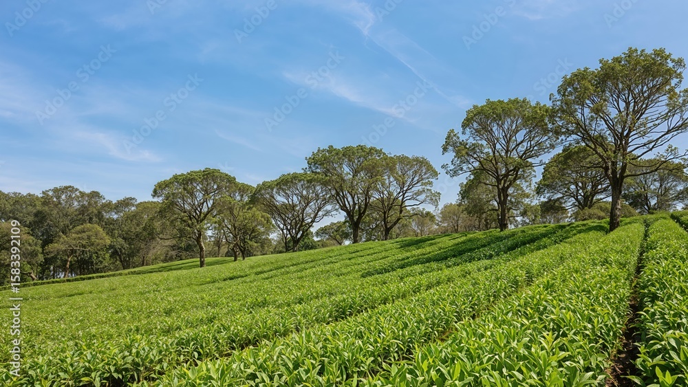 Fototapeta premium lush green tea plantation with rows of tea bushes and scattered trees under a clear blue sky on a sunny day