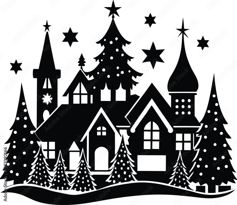 Fototapeta premium Winter Village Silhouette with Snow and Pine Trees. 