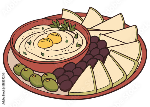 Lebanese Mezze Platter with Hummus, Olives, and Bread – Vector Art
