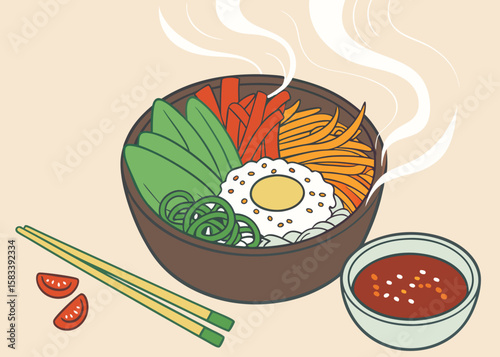 Korean Bibimbap Bowl with Colorful Ingredients – Vector Illustration
