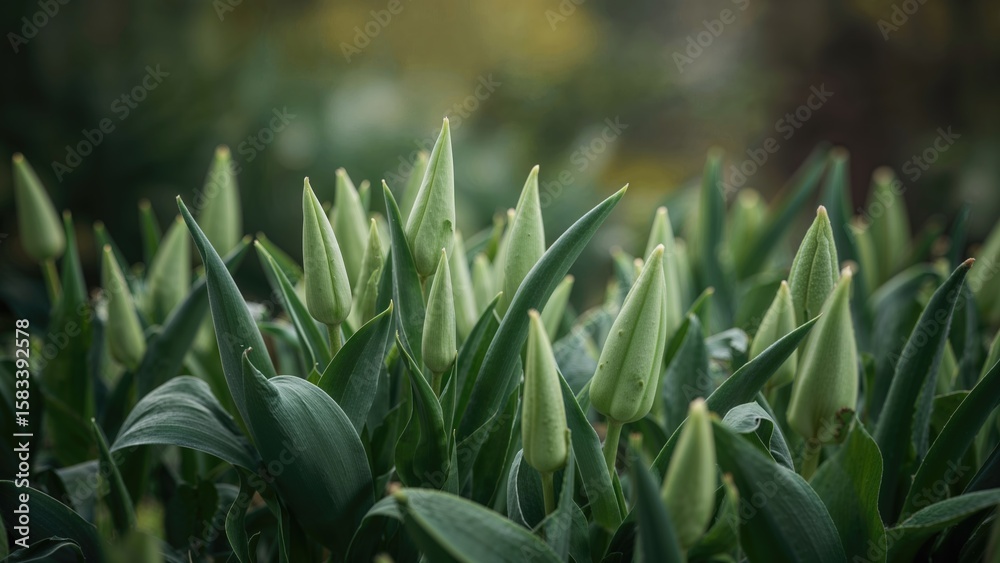 Obraz premium Macro shot of young tulip shoots in spring
