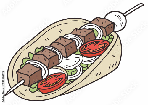 Greek Souvlaki with Pita, Tzatziki, and Tomatoes – Vector Illustration
