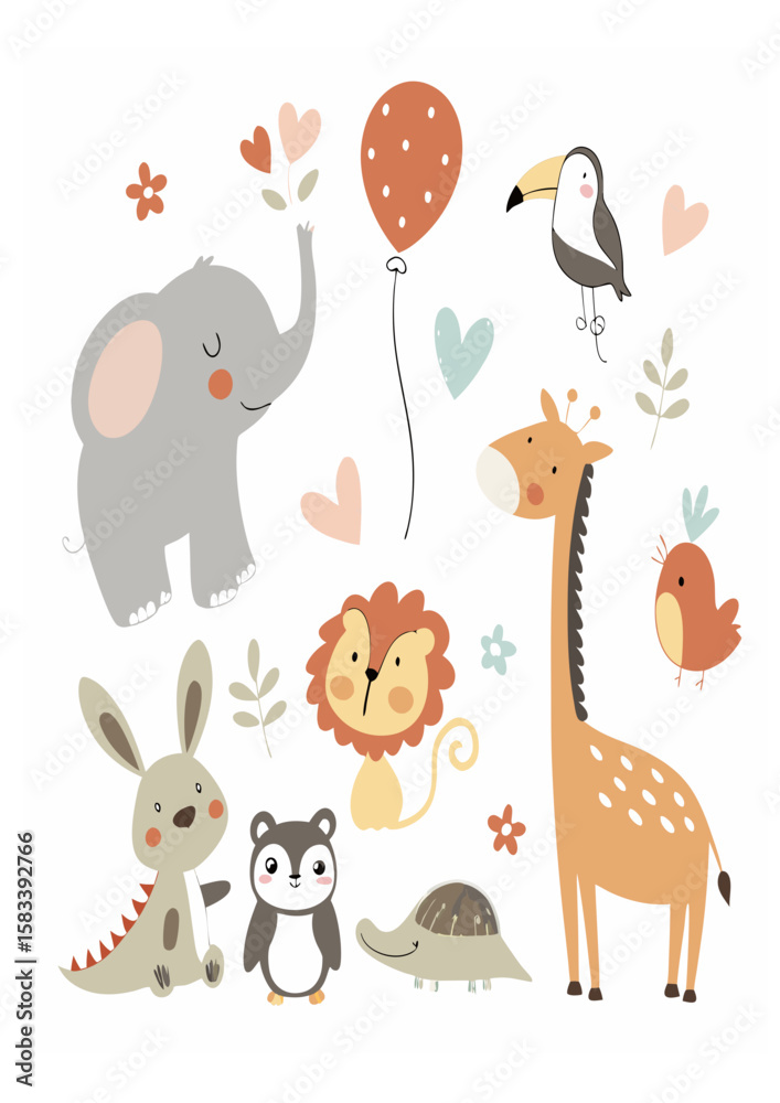 Naklejka premium Cute Cartoon Animals Collection in Pastel Colors – Nursery and Kids Illustration Set