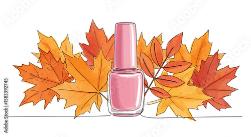 Pink nail polish tube on an autumn leaves background for fall-themed designs of beauty salons, websites, and cosmetic stores – one line doodle drawing with watercolor fill, minimalistic vector 