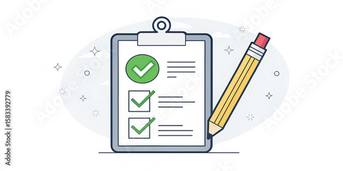 flat 2D vector illustration, a precise checklist with a green tick, pencil neatly aligned, clean lines, minimal design, white background, circle badge style