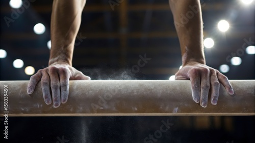 Close Up of Strong Athlete's Hands Gripping Gymnastics Bar with Chalk Dust in a Competitive Sports Environment