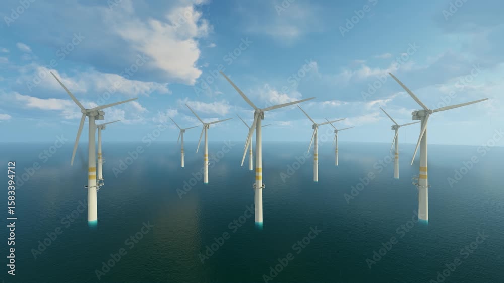 Multiple windmills generating power over ocean on sunny day.