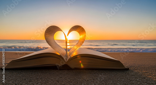 An open book forms a heart shape on a beach at sunset