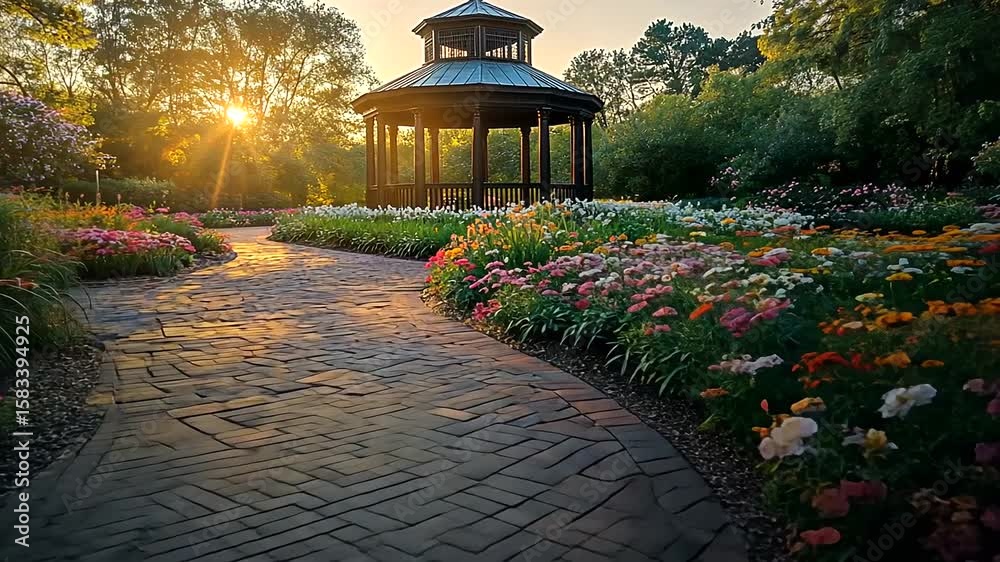 Serene garden path leading to a gazebo at sunset