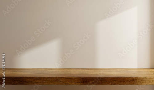 Fototapeta Naklejka Na Ścianę i Meble -  Minimalist interior featuring a clean wooden shelf against a soft beige wall, illuminated by natural light- 3D rendering