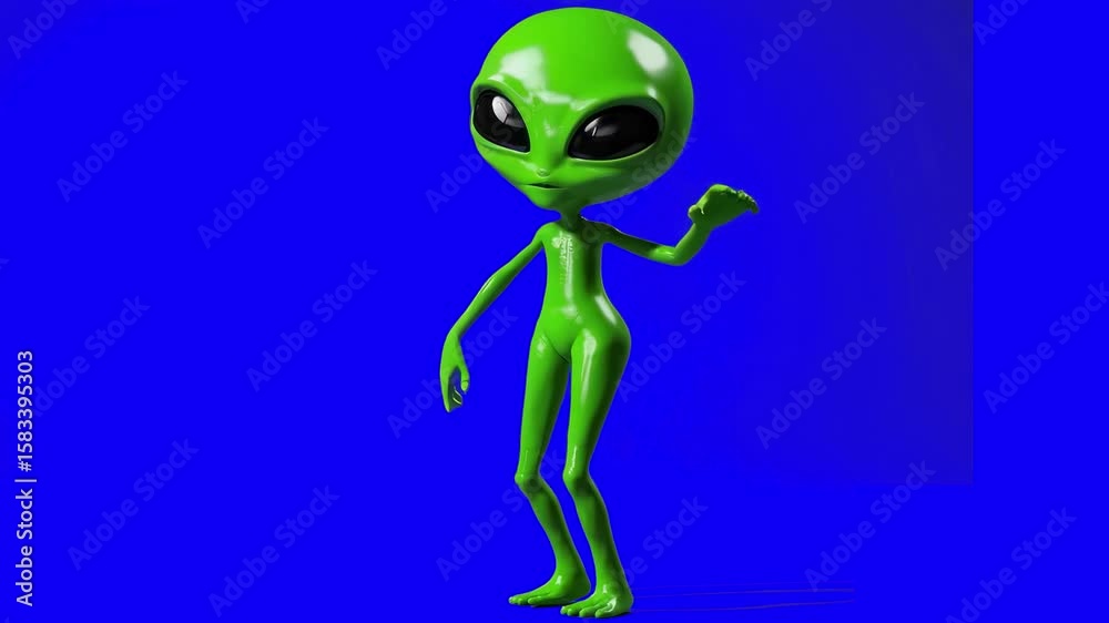 3D animated green alien dancing joyfully on a blue screen background ...