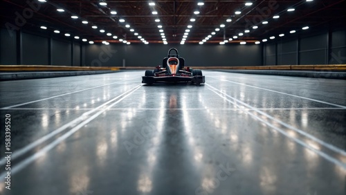 Go-Kart Racing Vehicle on Indoor Track with Dramatic Lighting and Reflections in a Competition Space