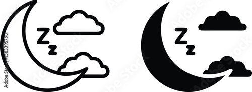 Moon Cloud Sleep Icon Set Black White Outline Silhouette Vector Night Zzz Dream Illustration