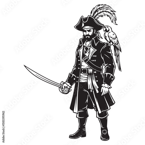 Pirate Silhouette Vector | Black Pirate with Sword and Parrot. AI generator