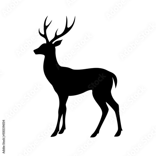 Black silhouette of a noble deer with large antlers standing in profile, symbolizing wildlife, forest animals, hunting, and nature themes. Ideal for logos, designs, and outdoor projects.

