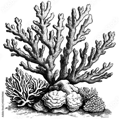 Vintage reef pattern, coral texture engraving, retro detailed etching, antique marine surface, black line art, hand-drawn ocean structure sketch, vector illustration, marine ecosystem design.