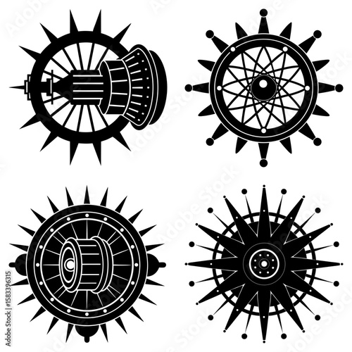 Four stylized black and white steampunk wheels and compasses with spikes and decorative elements shown