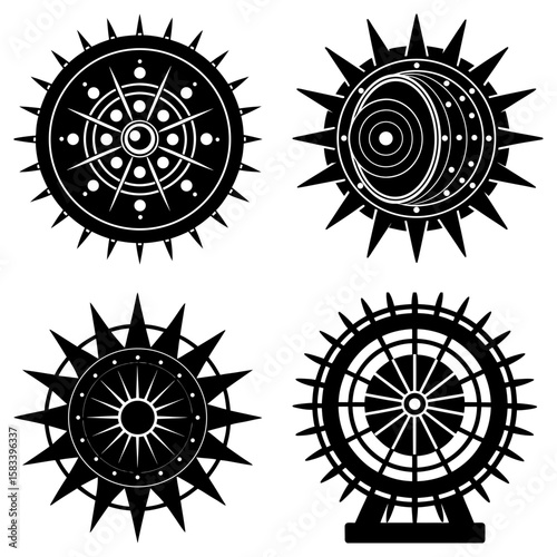 Four black and white circular designs with radial symmetry and spiky or geometric elements displayed