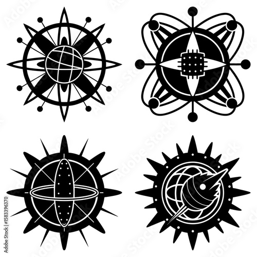 Four abstract black and white designs featuring globe, chip, atom and rocket elements in circular forms