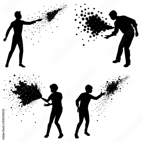 Silhouettes of people throwing abstract shapes and particles in dynamic poses on a white background