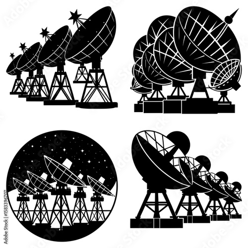 Illustration of multiple satellite dishes in various arrangements in black and white style design