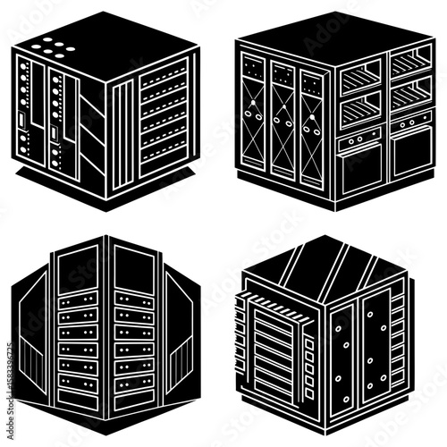 Isometric view of four unique black and white storage units with different designs and configurations