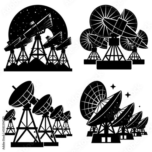 Black and white silhouette of multiple satellite dishes and radio telescope arrays on a white background