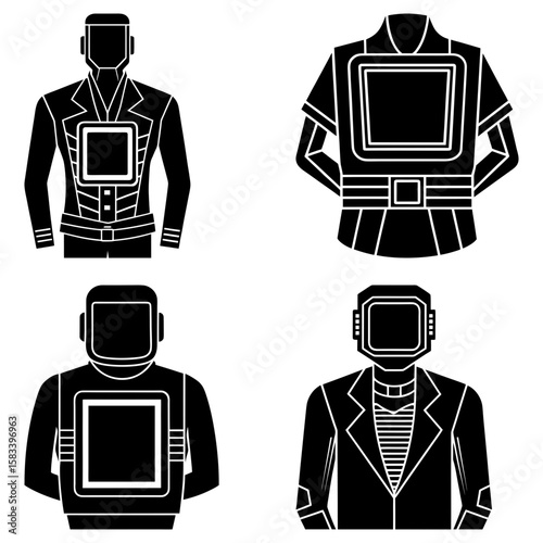 Illustration of four stylized figures wearing futuristic or robotic looking suits and headgear designs