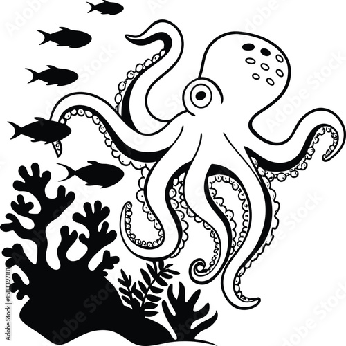 Majestic Octopus and School of Fish Underwater Coral Reef Scene